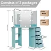 A diagram showing the dimensions of a makeup vanity with LED lights and drawers, along with package information. Podgląd zdjęcia produktu