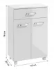 A white standing bathroom cabinet with a drawer and two doors, shown from the front with dimensions indicated. Podgląd zdjęcia produktu