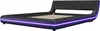 A black upholstered bed frame with purple LED lighting around the base, shown from a side angle against a white background. Produktbild-Vorschau
