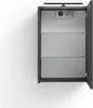 An open bathroom cabinet with glass shelves and two circular fixtures on the back wall. Produktbild-Vorschau