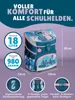 A marketing image for a school backpack featuring Stitch from Disney, highlighting its features and dimensions. Produktbild-Vorschau