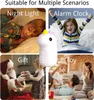 A collage of four images showing a unicorn night light/alarm clock in different scenarios: a child sleeping, a child waking up, Santa giving a gift, and a family playing with toys. Produktbild-Vorschau