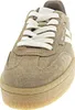 A close-up, front-facing view of a single brown sneaker with white laces. Anteprima dell’immagine prodotto