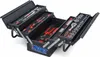 A black metal toolbox with multiple compartments filled with tools, presented on a white background. Produktbild-Vorschau