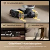 Collage of images showcasing features of a wet and dry vacuum cleaner, including its wheels, cleaning capabilities, and storage stand. Produktbild-Vorschau