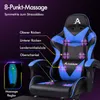 A blue and black gaming chair with massage points highlighted and labeled. Produktbild-Vorschau