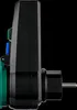 Side view of a black electrical adapter with green and blue buttons, and a black plug. Produktbild-Vorschau