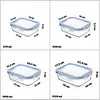 A collage of four glass food storage containers of different sizes, each with dimensions and capacity labeled. Anteprima dell’immagine prodotto