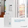 A smart home thermostat and window sensor are shown in a modern interior setting, with text promoting energy savings. Produktbild-Vorschau