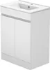 A white bathroom vanity with a sink on top, shown from a three-quarter angle. Produktbild-Vorschau