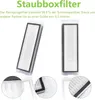 Two filters for a robot vacuum cleaner are shown, with close-up views of their filtration material. Text describes the filter's effectiveness. Produktbild-Vorschau