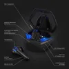 A pair of black wireless earbuds with blue LED accents, shown in their open charging case against a dark background. Produktbild-Vorschau