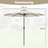A diagram showing the dimensions of a beige umbrella against a blurred background of a house and garden. Náhled obrázku produktu