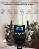 Close-up of an exercise bike's console with feature icons and text. Produktbild-Vorschau