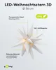 A white 3D star-shaped Christmas decoration with text overlays describing its features. Produktbild-Vorschau