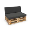 A sofa made from wooden pallets with gray cushions, shown against a white background. Produktbild-Vorschau