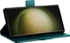 A teal flip case for a smartphone is shown open, displaying the phone's screen. Produktbild-Vorschau