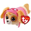 A plush toy dog with large glittery eyes and a pink aviator hat. Produktbild-Vorschau