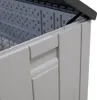 A close-up view of the corner and lid hinge of a plastic storage box. Podgląd zdjęcia produktu