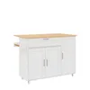 A white kitchen island with a wooden countertop and a towel rack on the side, shown against a white background. Produktbild-Vorschau