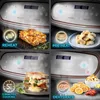 A collage of four images showcasing different functions of an air fryer, including reheating lasagna, pre-heating food, making a grilled cheese sandwich, and dehydrating fruit. Produktbild-Vorschau