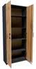 An open cabinet with wooden doors and dark gray shelves. Produktbild-Vorschau