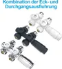 Multiple radiator valves in different colors (white, dark gray, chrome) are displayed against a white background. Podgląd zdjęcia produktu