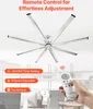 A large ceiling fan is shown in a room with office furniture. A remote control is held in a hand. Produktbild-Vorschau