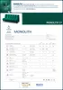 This is a product collage showcasing a green sofa, with detailed specifications and certifications for the fabric. The fabric is named MONOLITH 37 and described as velour, ECO-Friendly, and water-repellent. It includes technical test results and compliance Produktbild-Vorschau