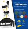 An advertisement for a pop-up gazebo, showing its quick assembly and available colors. Produktbild-Vorschau