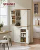 A rustic white kitchen cabinet with a wooden top, featuring open doors revealing shelves stocked with various food items and kitchenware. Náhled obrázku produktu