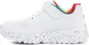 A side view of a white sneaker with rainbow accents and multi-colored speckles on the sole. Produktbild-Vorschau