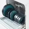 A close-up view of a dishwasher rack filled with teal and gray plates and bowls. Náhled obrázku produktu
