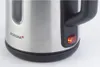 A close-up shot of the bottom part of a stainless steel electric kettle, showing the brand logo, a water level indicator, and the power switch with an indicator light. Produktbild-Vorschau