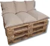 A sofa made from wooden pallets with beige cushions. Produktbild-Vorschau