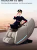A woman in a pilot uniform sits on a massage chair with a city skyline in the background. Produktbild-Vorschau