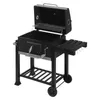 A black charcoal grill with its lid open, shown on a white background. Produktbild-Vorschau