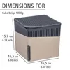 A product image showing dimensions and specifications for a beige cube dehumidifier. Podgląd zdjęcia produktu