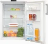 The inside of a white refrigerator is shown with various food items organized on shelves and in drawers. Produktbild-Vorschau