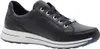 A side view of a black leather sneaker with white soles and blue laces. Náhľad obrázku produktu