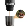 A close-up of a portable coffee maker dispensing espresso into a cup, with an inset showing a hand holding a cup of espresso outdoors. Produktbild-Vorschau