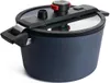 A dark gray pressure cooker with a black lid and red accents, shown from a slightly elevated side angle on a white background. Produktbild-Vorschau