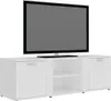 A white TV stand with a flat-screen television on top, against a white background. Produktbild-Vorschau
