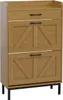 A shoe cabinet with two flip-out drawers and one regular drawer, standing on black legs. Podgląd zdjęcia produktu