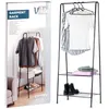 A product shot of a black metal garment rack with clothes and shoes on it, next to a box with product information. Náhled obrázku produktu