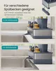 The image shows a dish rack organizer placed on a kitchen counter next to a sink, demonstrating its use with two different sink types. Produktbild-Vorschau