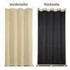 A split image showing the front and back of a beige outdoor curtain with grommets. Voir les images du produit