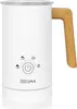 A white electric milk frother with a wooden handle is shown against a white background. Produktbild-Vorschau