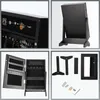 Collage of images showing a black jewelry box with a mirror, its interior, and assembly parts. Produktbild-Vorschau