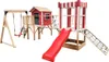 A wooden playground set with a red slide, swings, a small red house, and a climbing net, set against a white background. Produktbild-Vorschau